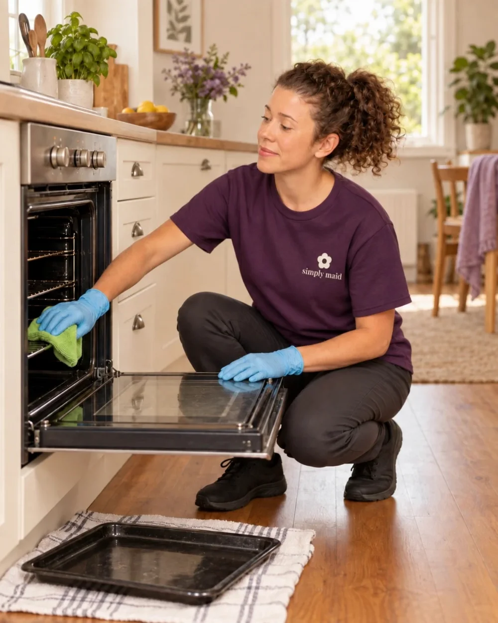 A cleaner in a plum Simply Maid shirt wipes an open oven and its door with a green cloth.